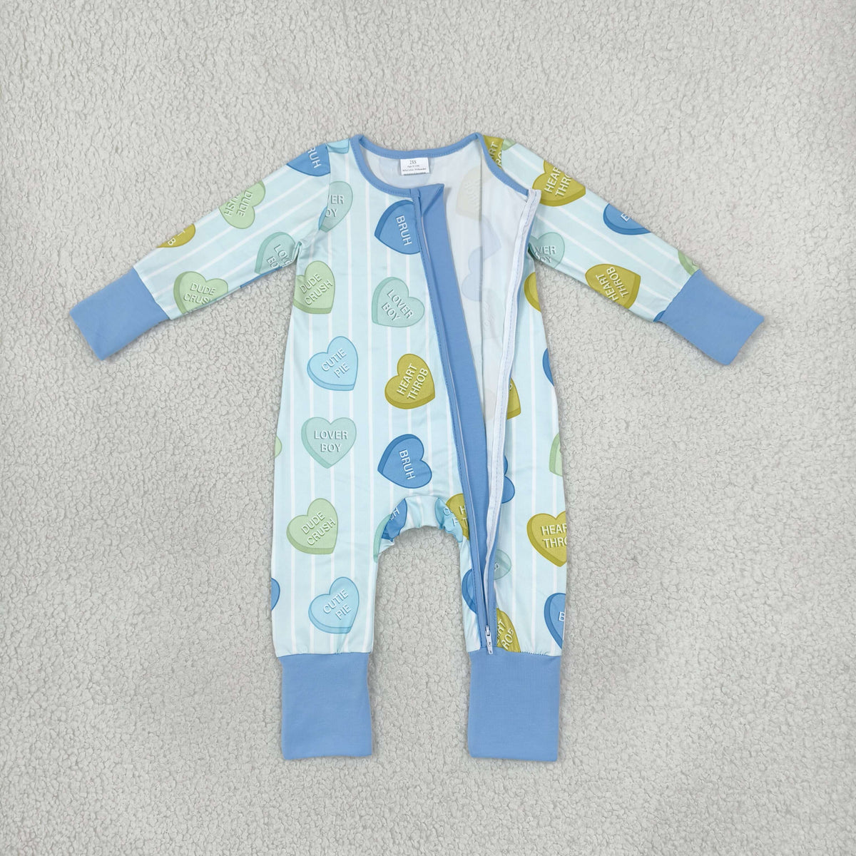 blue dude crush lover boy heart print zip sleeper zippy baby pj