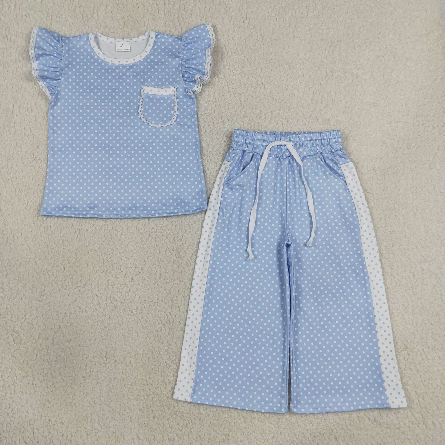 flutter sleeve blue white polk dots pants set