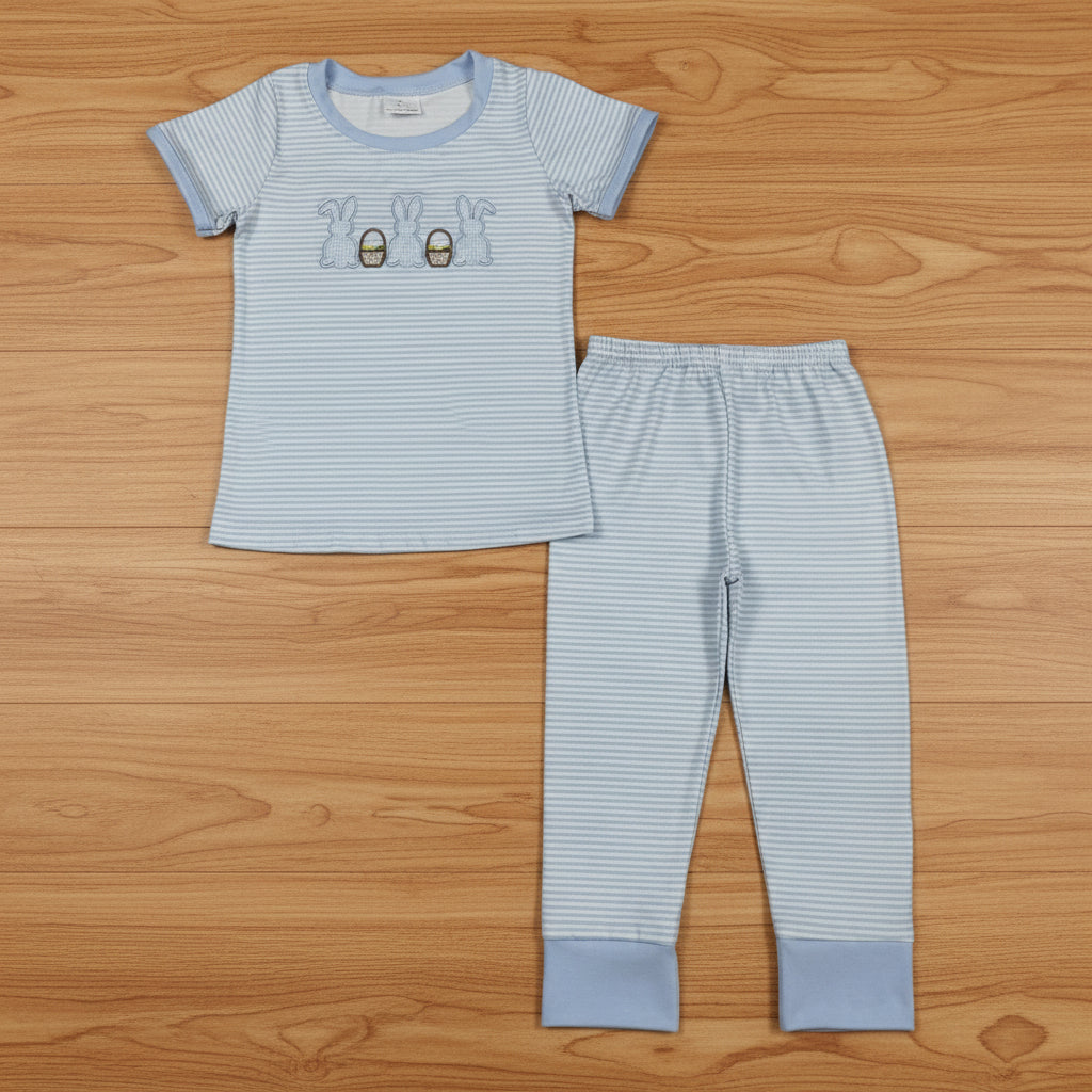 blue stripes bunny embroidery pajama set