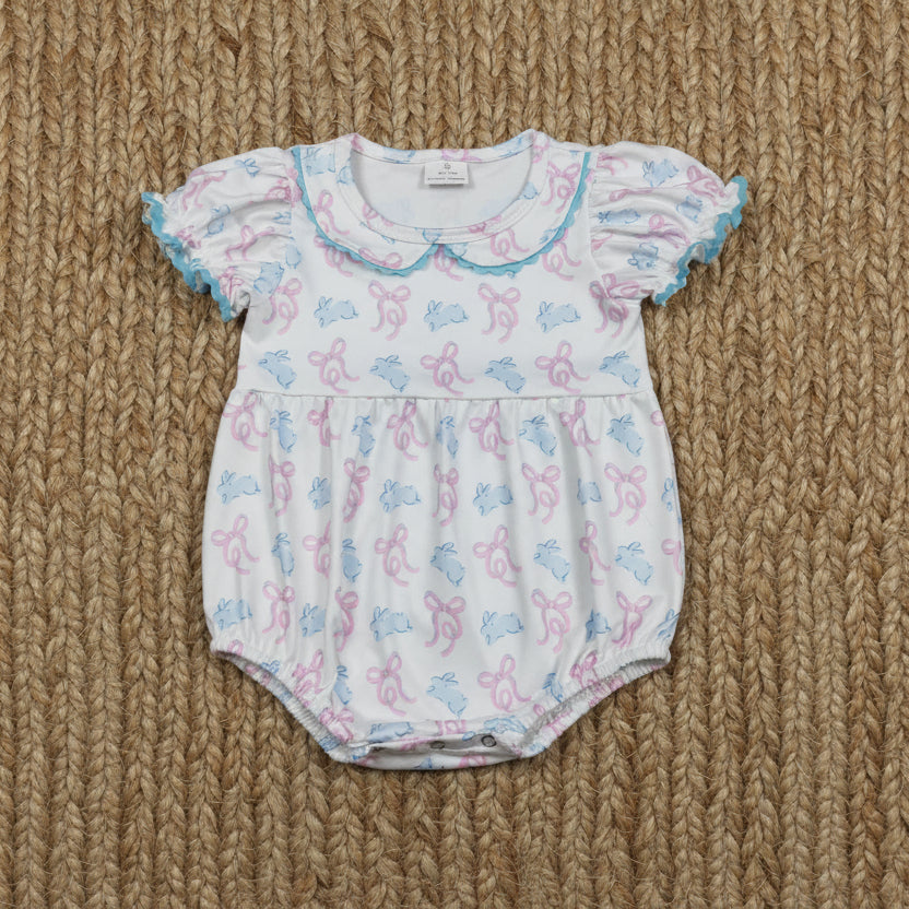pink bow blue bunny print collared bubble
