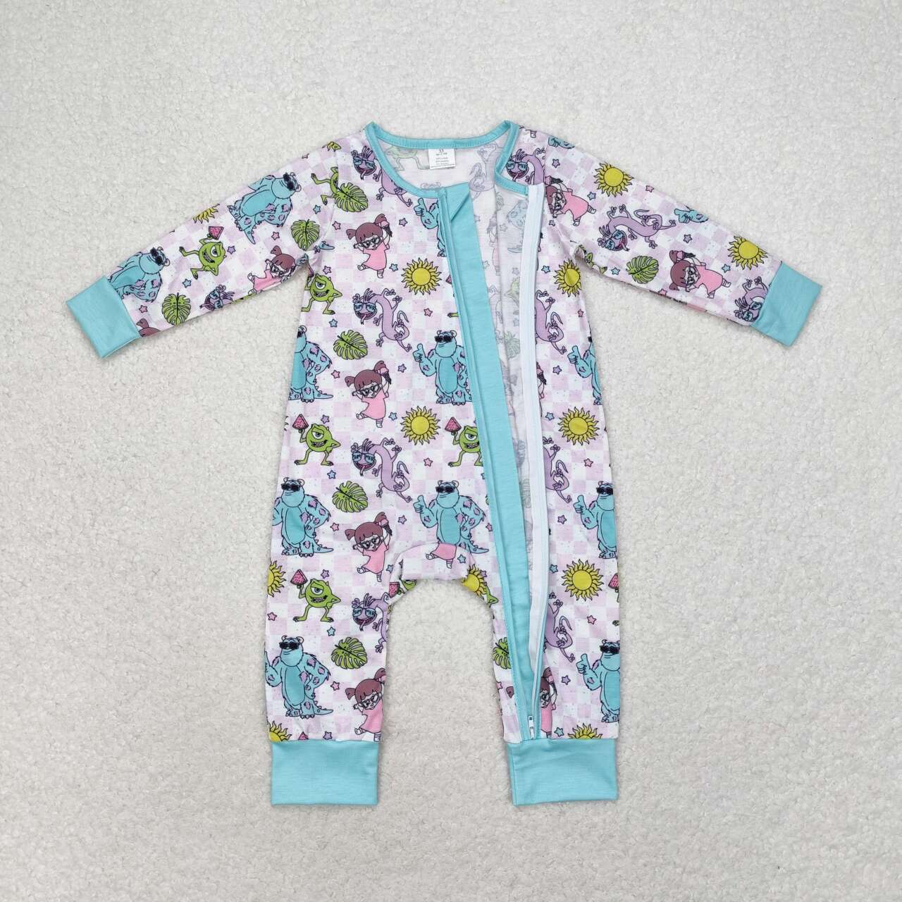 LR0988 Bamboo Cartoon Purple Plaid Zipper Long Sleeve Bodysuit