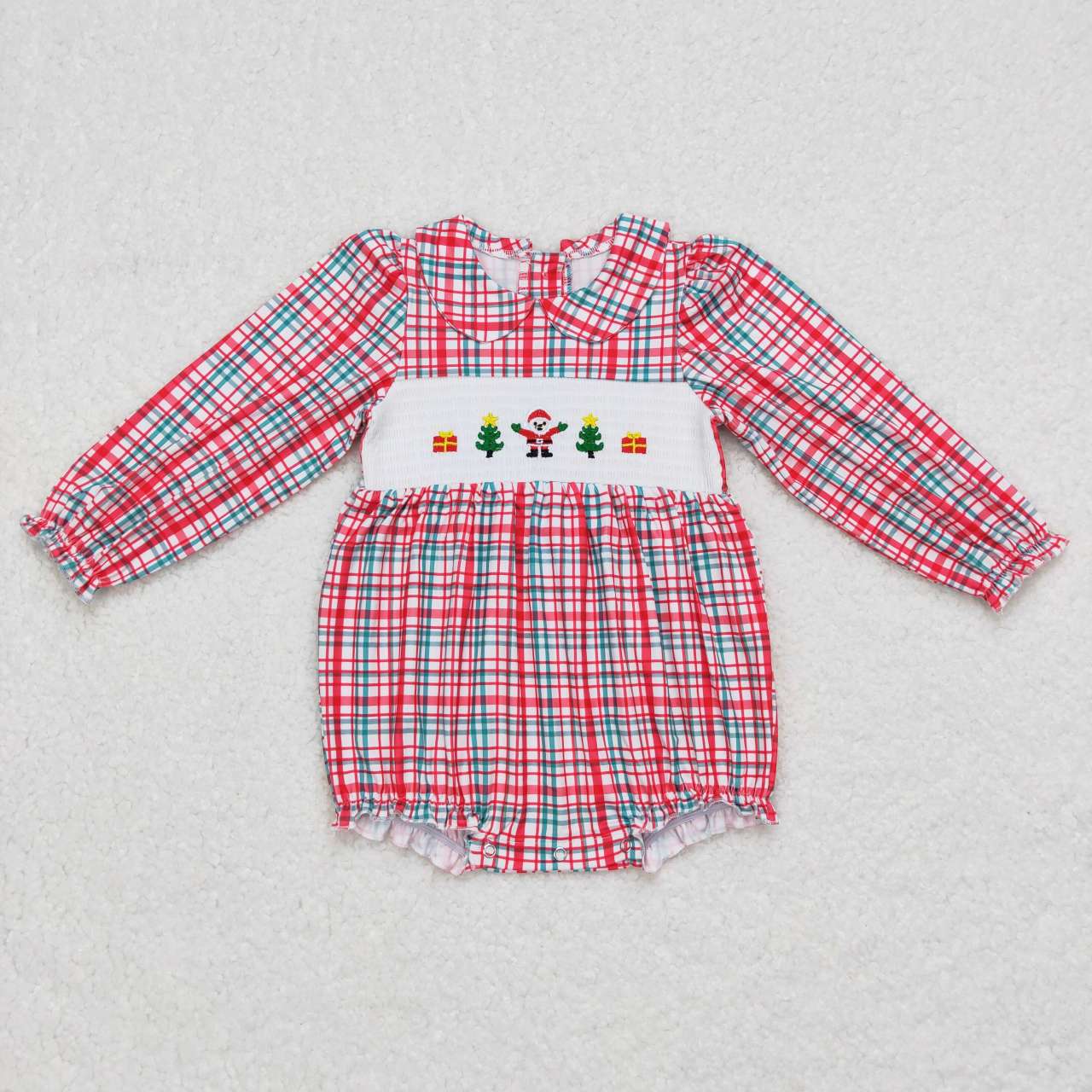 LR0571 smocked embroidery gift Santa Claus red and green plaid long-sleeved dress