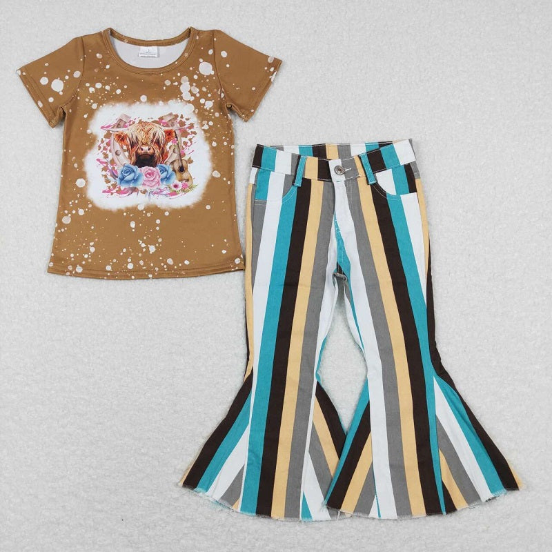 Alpine cow head flower brown short-sleeved top GT0333 +Blue, white and gray vertical striped denim trousers P0002