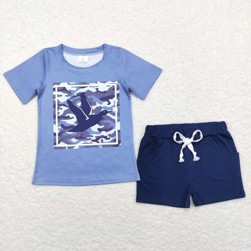Duck Camouflage Blue Short Sleeve Navy Pocket Shorts Set BT0438+SS0136