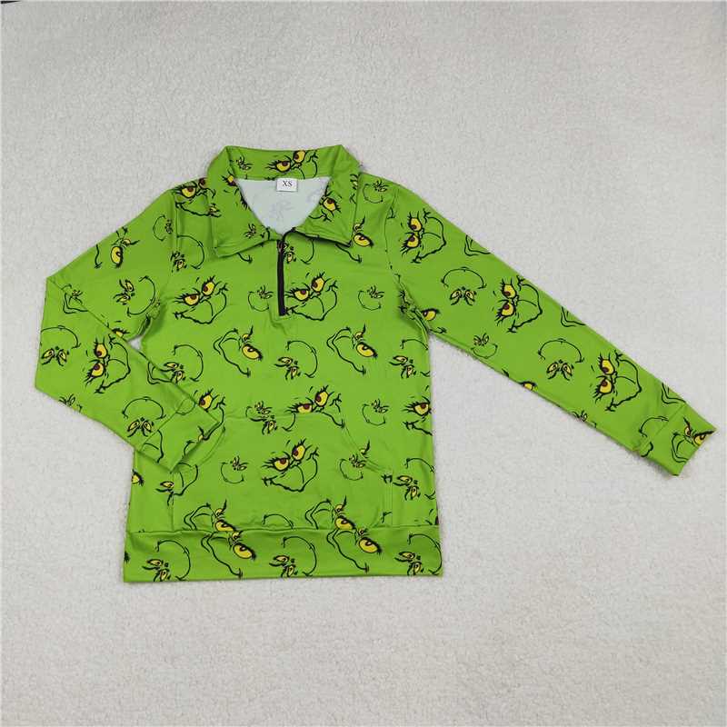 Mama and Me Green Face Plaid Pocket Zipper Christmas Pullover Tops D 927