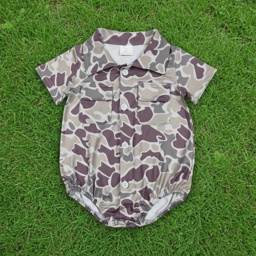 camo button romper with pocket