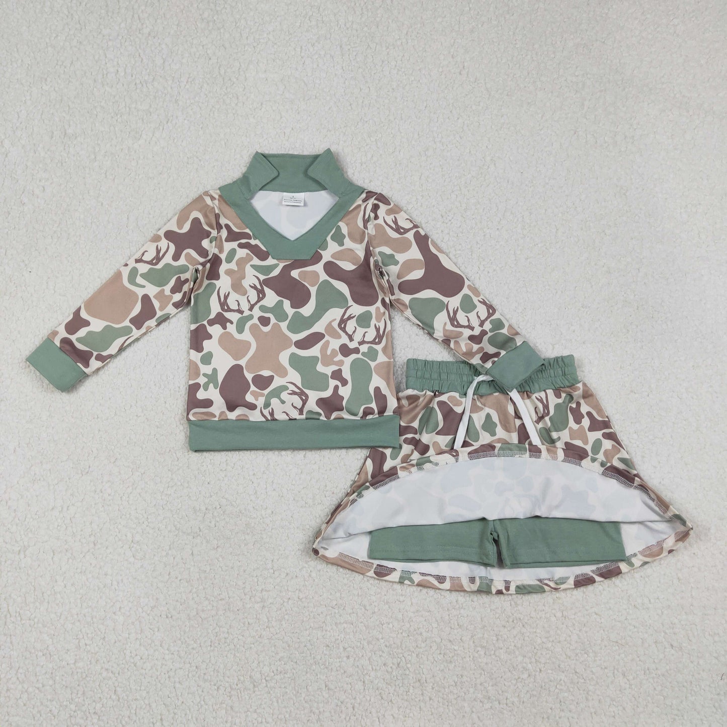 long sleeve deer camo pullover skort set outfit