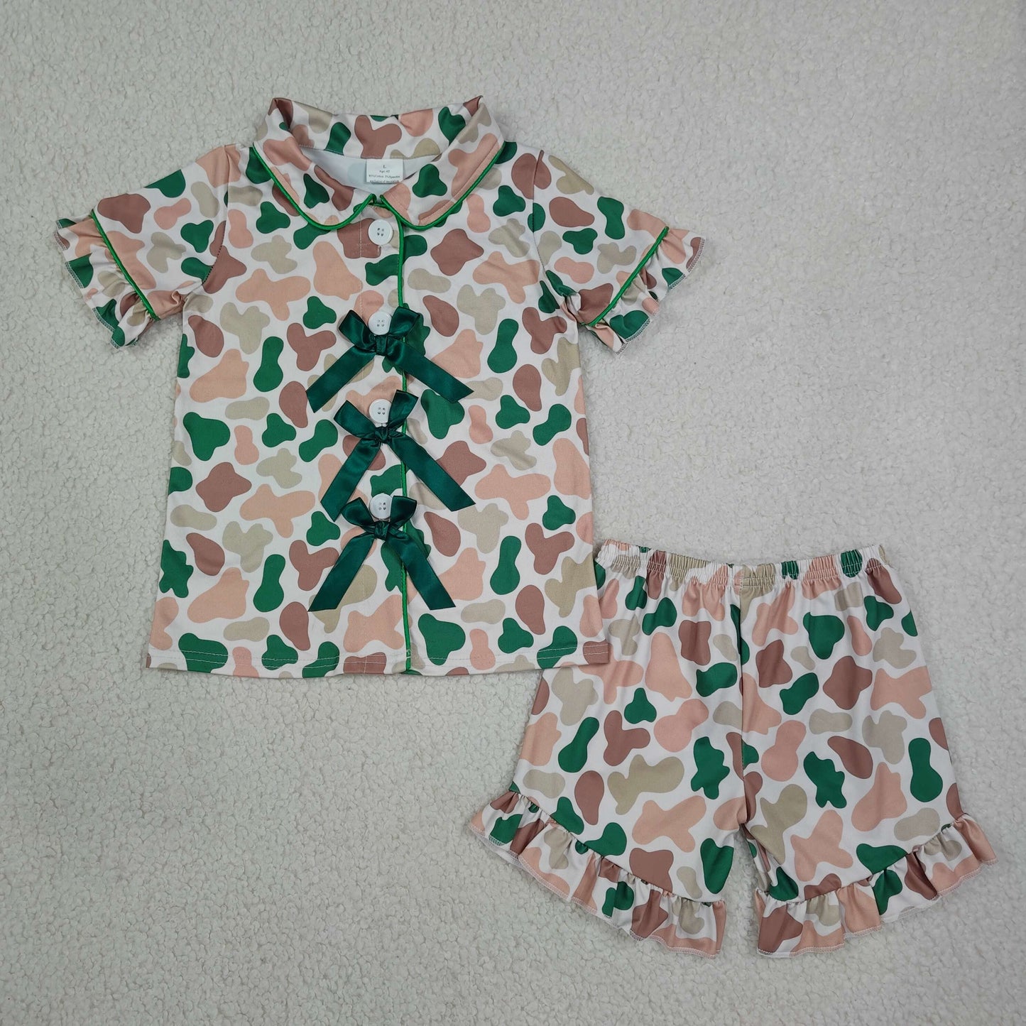 camo bow button down shorts pajama set girls sleepwear
