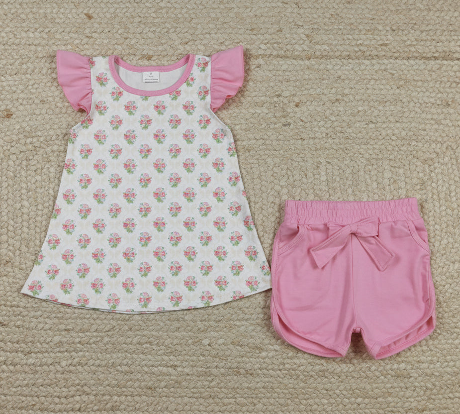 pink flutter sleeve flower shorts set summer toddler girl clothing