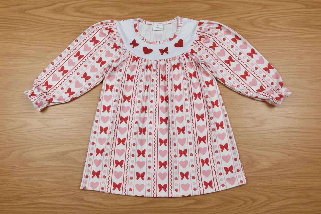 valentine striped red bow pink heart embroidery girl dress