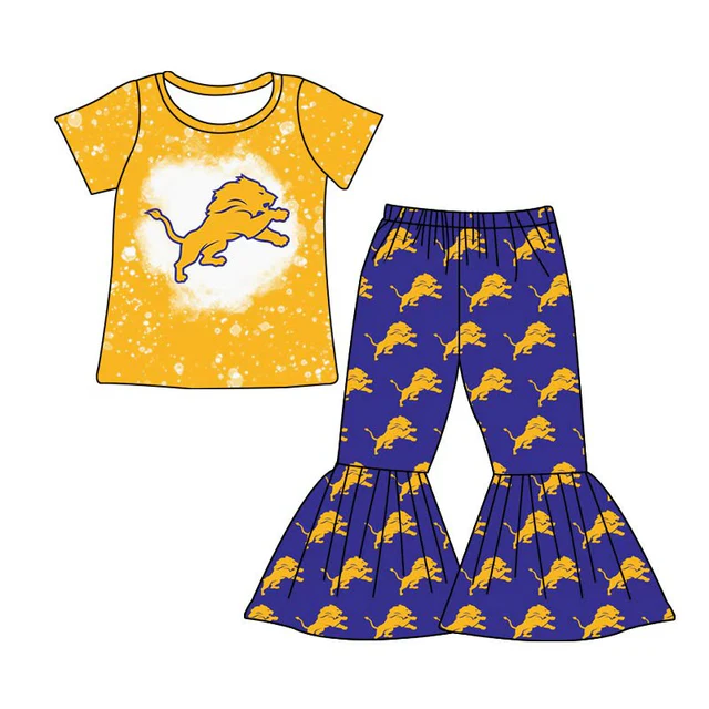 MOQ 3 custom style bleached top lion bell bottom pants girls team outfits