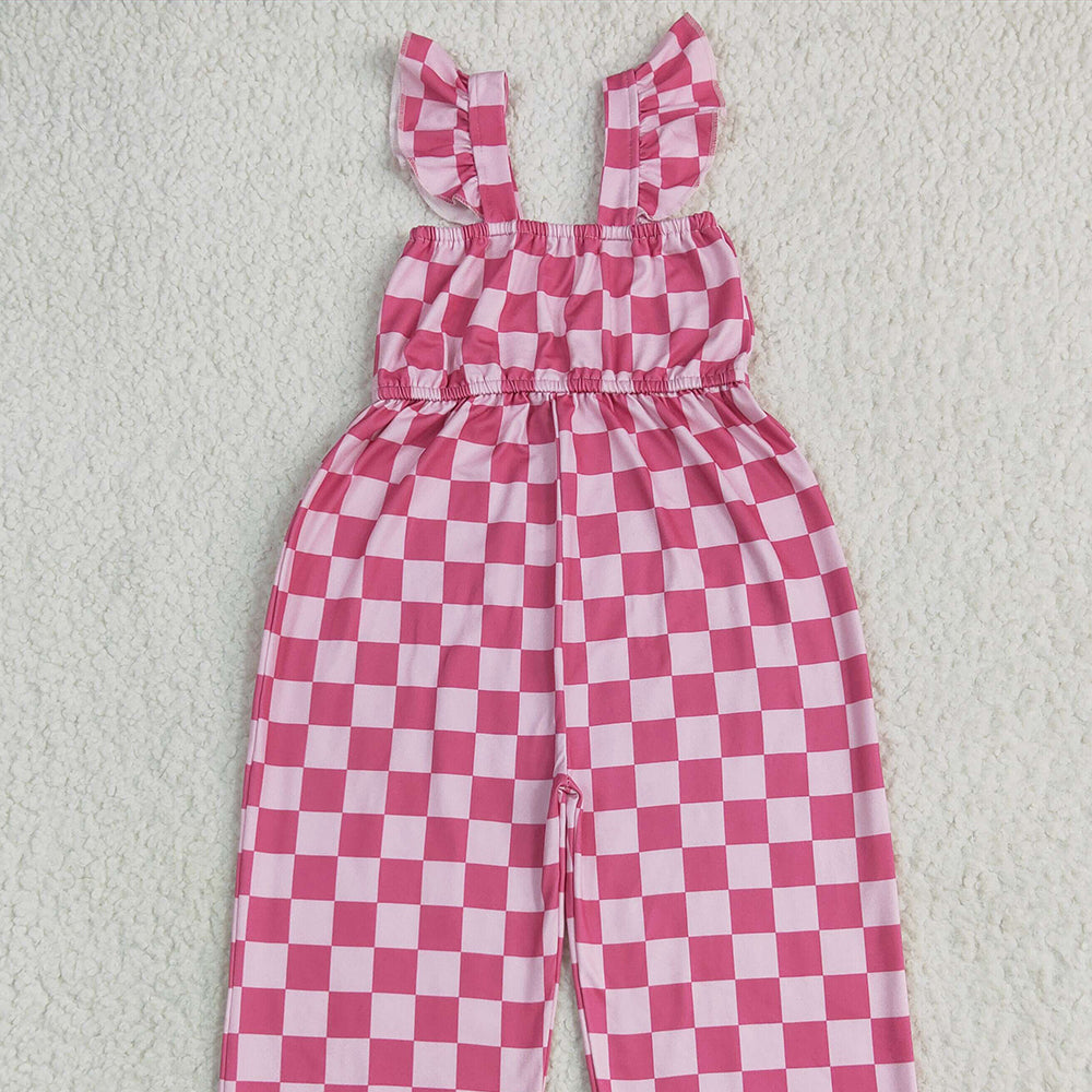 SR3050 Baby Girls Flutter Sleeves Pink Plaid Bell Jumpsuits D 6.11