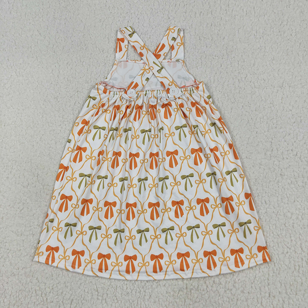 GSD2676 Baby Girls Straps Orange Bows Plaid Stripe Pockets Knee Length Dresses D 6.2