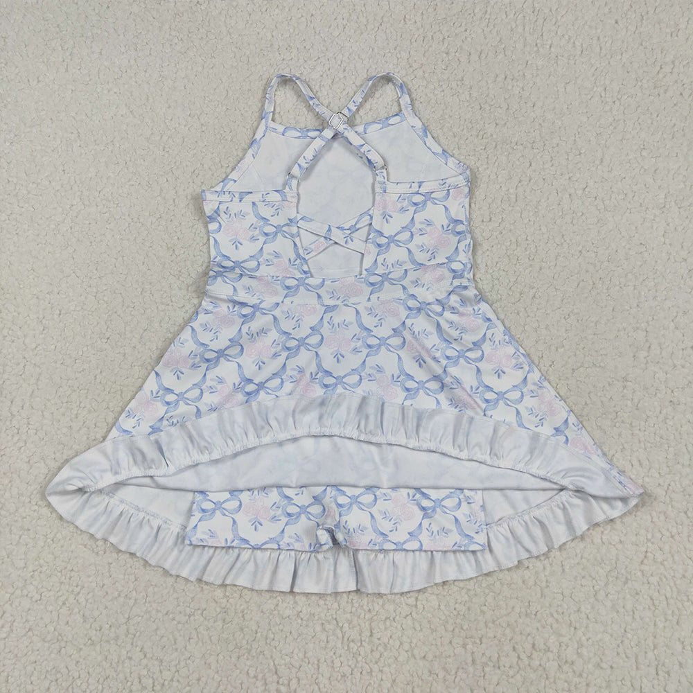 GSD2580 Baby Girls Strap Blue Bows Floral Yoga Ruffle Athletic Dresses D 5.30