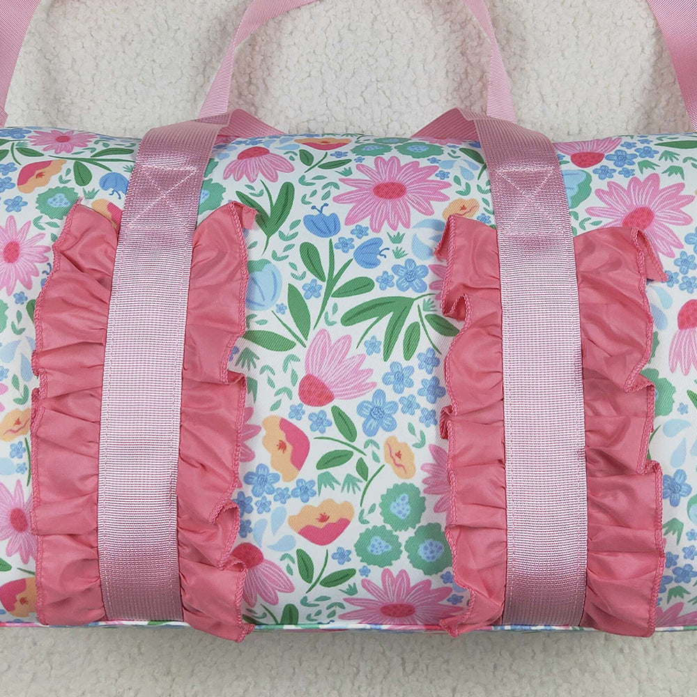 BA0290 Pink Ruffle Floral Print Gym Duffle Bags D 7.5