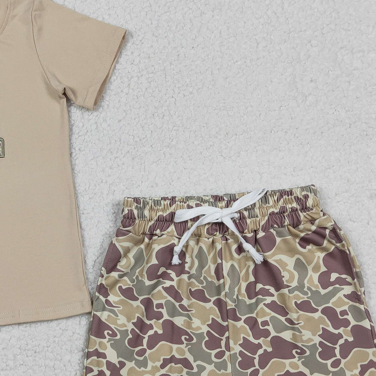 Baby Boys Khaki Embroidery Deer Truck Top with Camo Shorts Hunting Themed Clothing Set for Little Ones