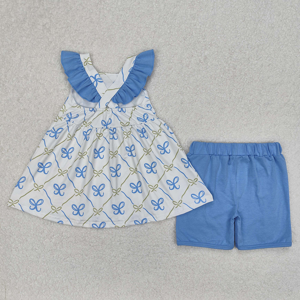 GSSO2109 Baby Girls Blue Bows Tunic Ruffle Shorts Clothes Sets D 3.13