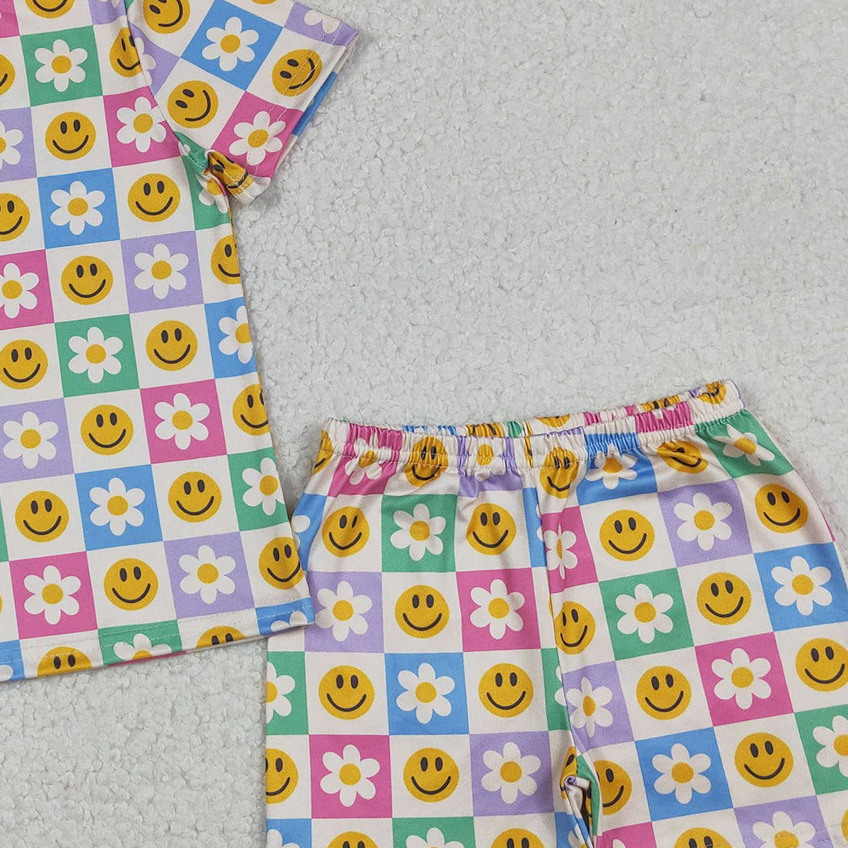 Baby Girls Colorful Smile Flowers Checked Shorts Set with Pockets Cute Casual Outfit Baby Girl Clothing Set