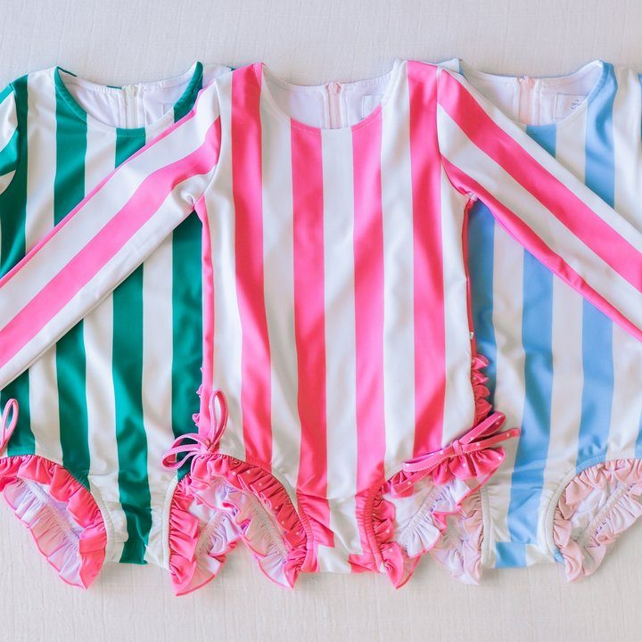 preorder S0385 Blue and white striped zippered long-sleeve one-piece swimsuit