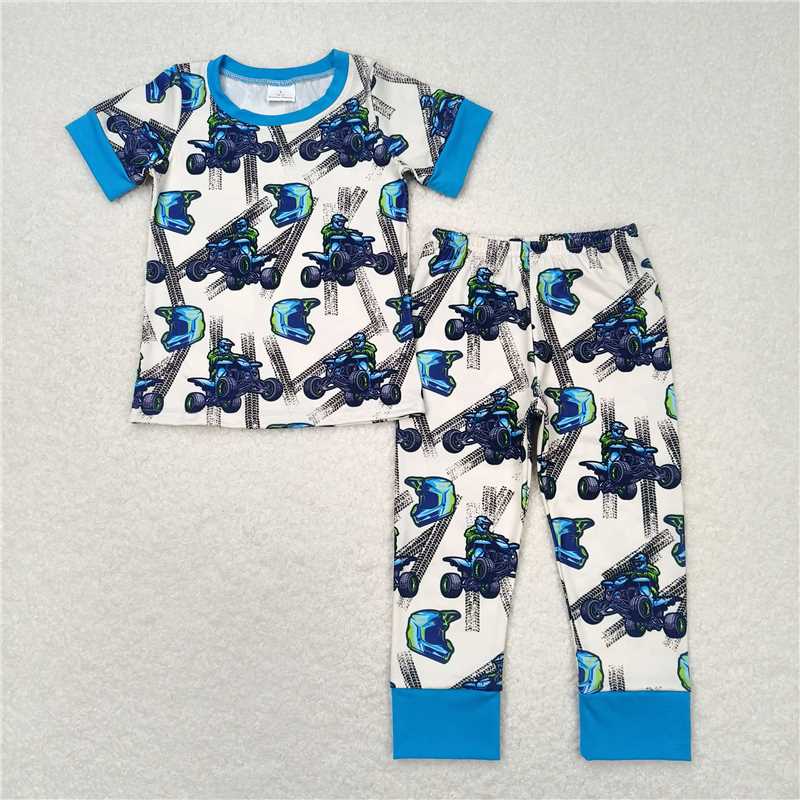Match Baby Boys Blue Motobike Sibling Rompers Pajamas Clothes Sets