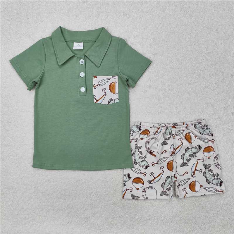 Match Baby Boys Green Pocket Shirts Fishing Rompers Sets
