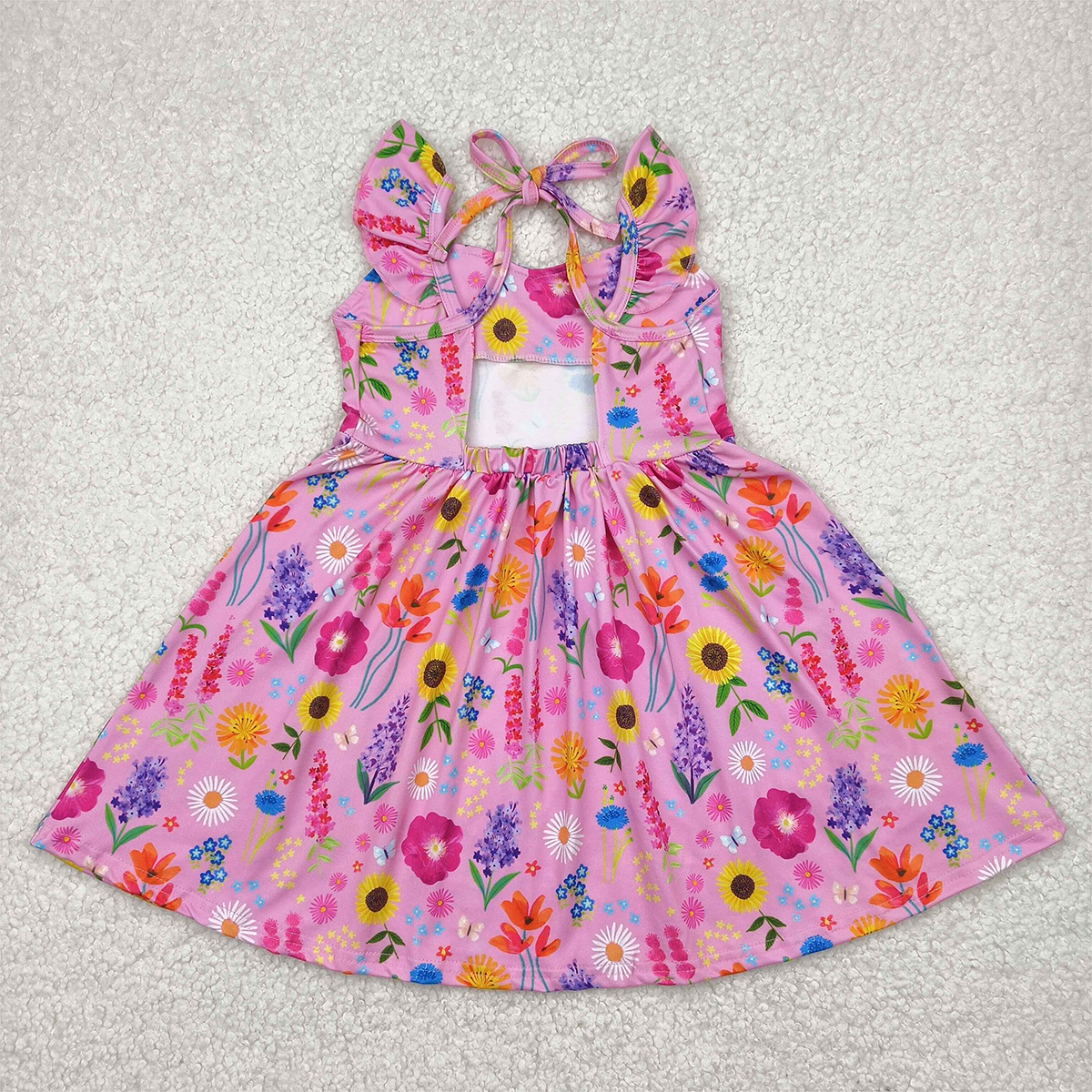GSD2208 Baby Girls Flutter Sleeves Pink Floral Backless Bow Knee Length Dresses D 4.11