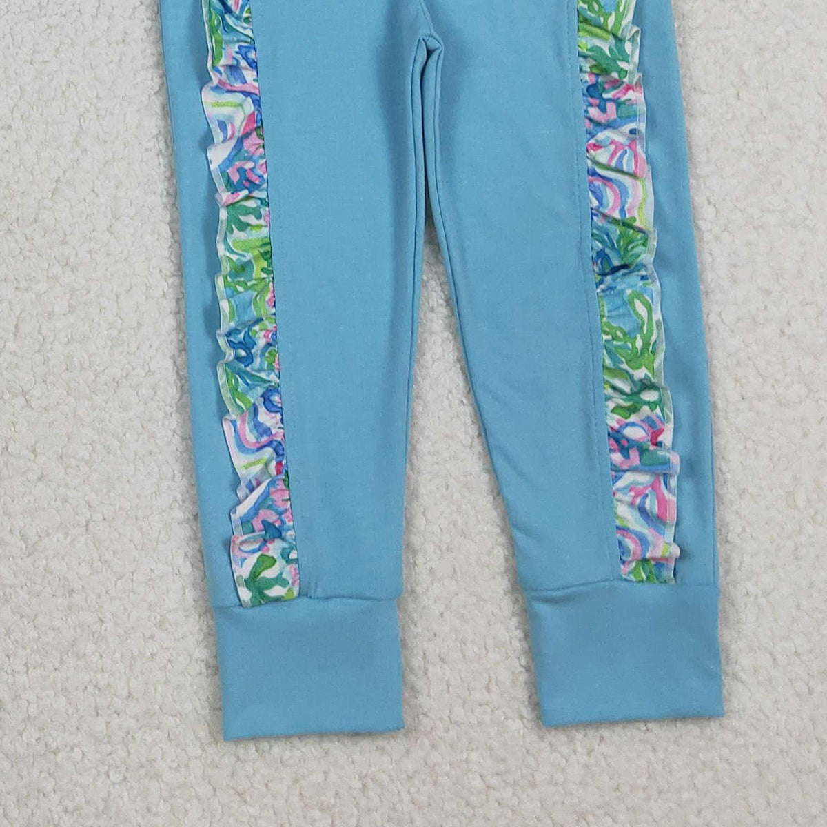 Baby Girls Blue Watercolor Floral Print Top with Pockets Ruffle Detail Jogger Pants Outfit Set for Little Ones