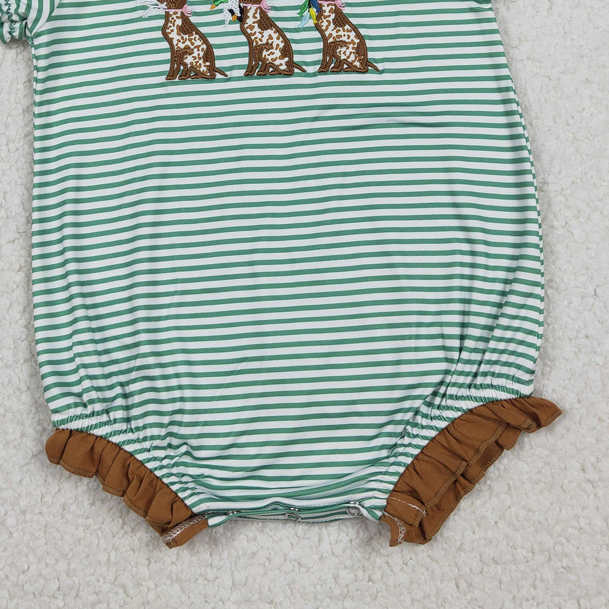 Baby Girls Embroidered Ducks & Dogs Ruffle Romper with Stripe Collar Hunting Theme Clothing for Infants
