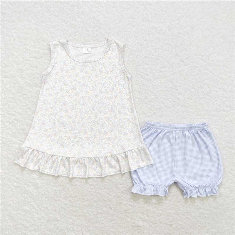 Match Baby Girls Blue Small Flowers Sibling Sister Clothes Sets Dresses