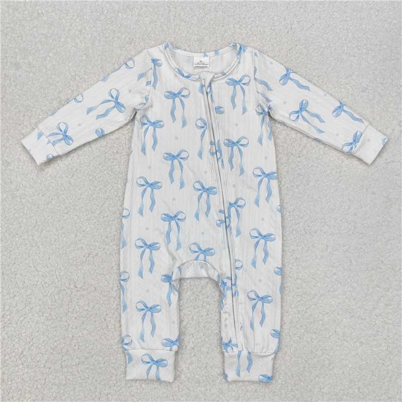 Match Baby Girls Blue Bows Cable Print Rompers Pajamas Suits