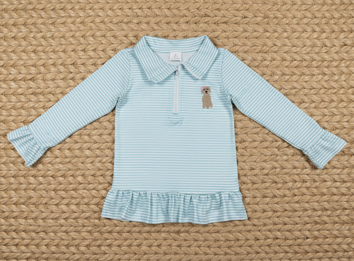 embroidery blue stripes puppy dog zip pullover