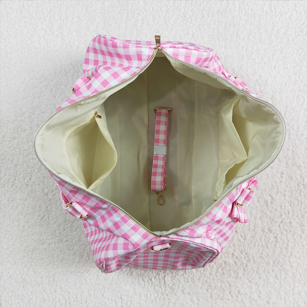 BA0302 Pink Checkered Print Gym Duffle Bags D 5.6