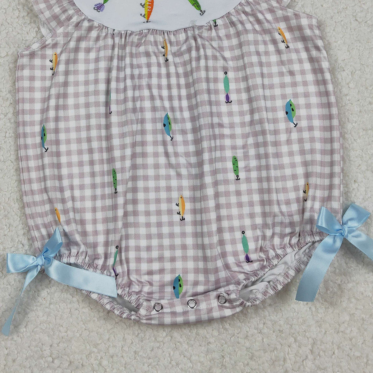 Baby Girls Embroidery Fishing Rompers with Flutter Sleeves Checked Hunting Design for Little Girls
