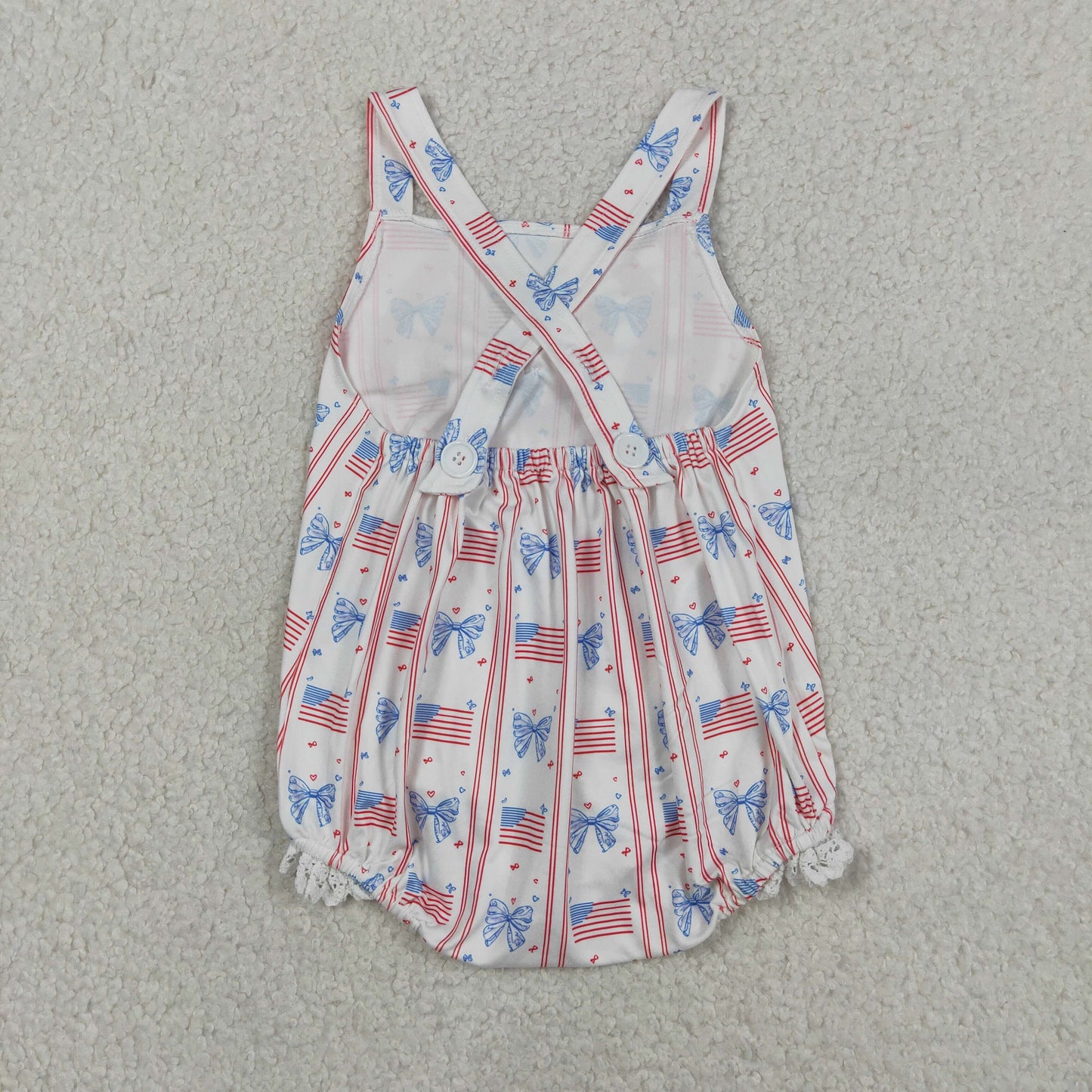 SR3862 4th of july flag stars stripes bow cross back bubble romper