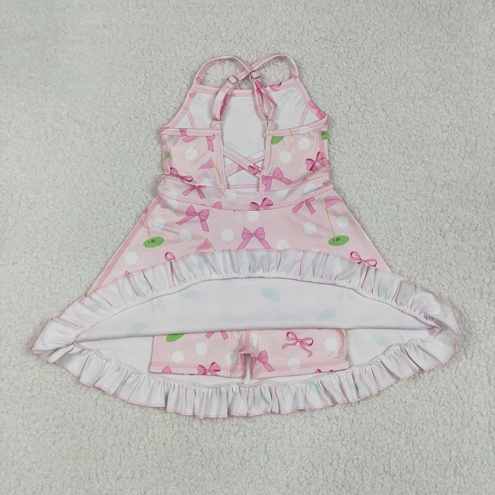 GSD2568 Baby Girls Strap Pink Bows Golf Flags Activity Wear Yoga Knee Length Dresses D 5.8