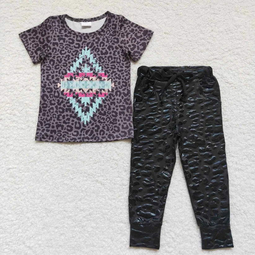 Baby Girls Aztec Short Sleeve Top Leather Pants Set