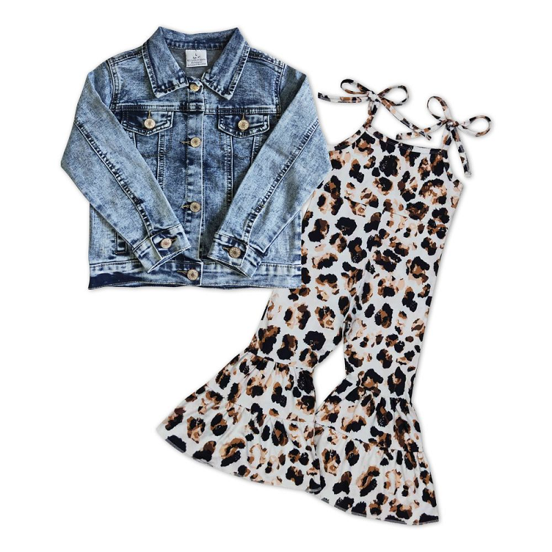 Blue and white denim jacket leopard print suspender jumpsuit suit 6 A5-14+SR0456
