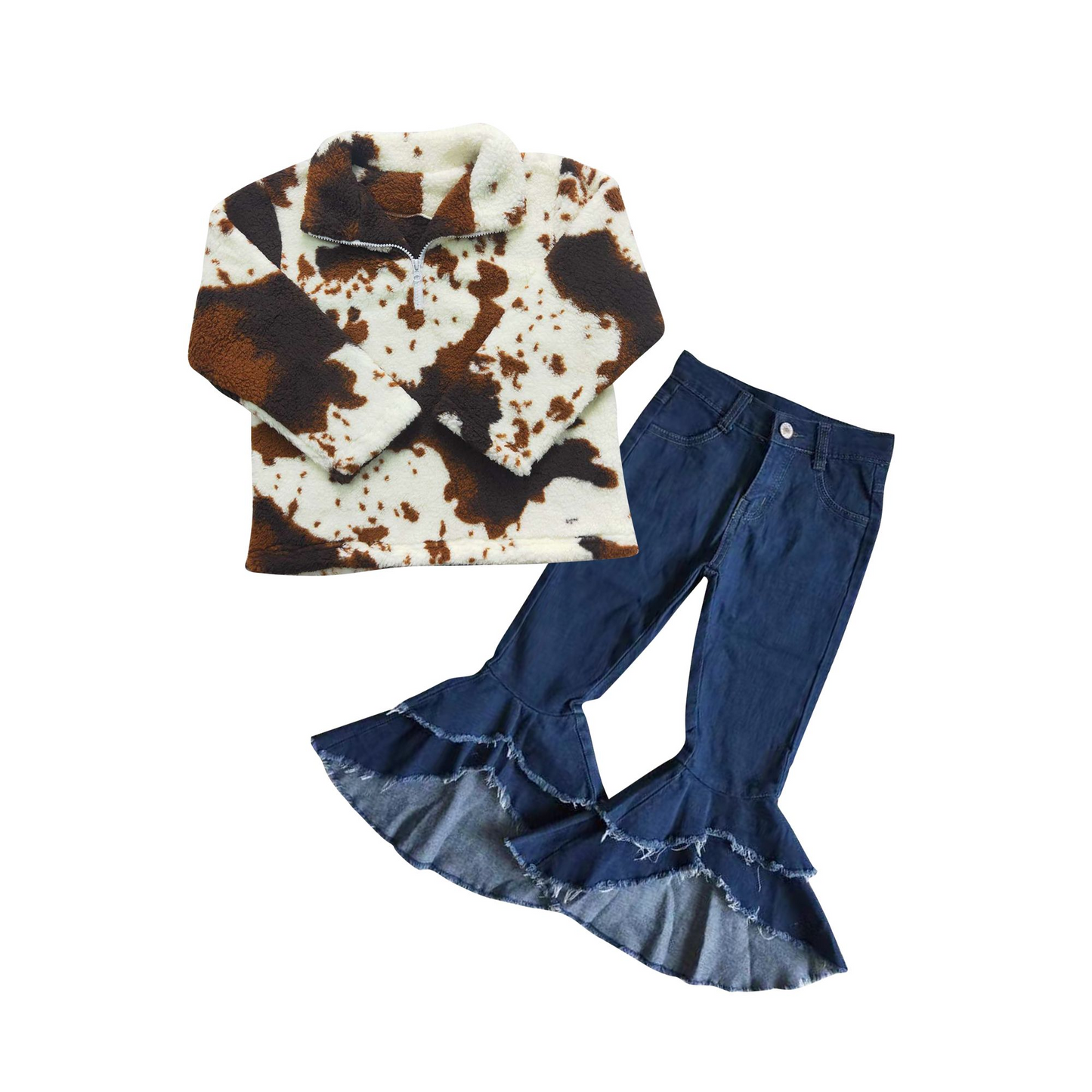 GLP0960 Cow pattern zipper plush jacket dark blue double lace raw edge denim trousers suit BT0355+P0007