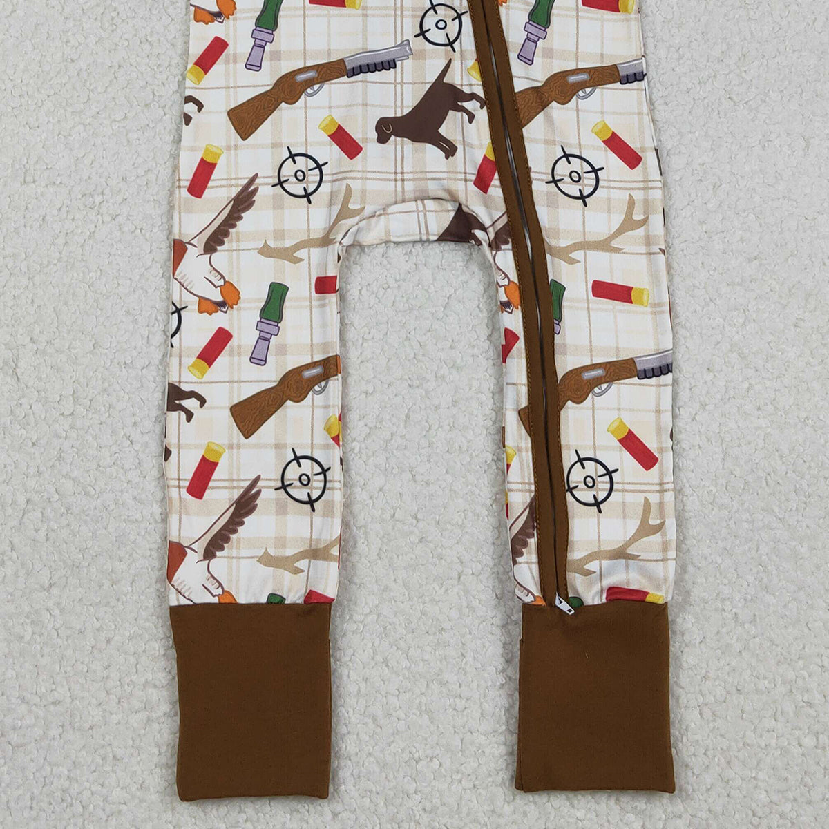 Baby Boys Khaki Checked Hunting Rompers with Two-Way Zip Convertible Design Featuring Dogs And Ducks Pattern