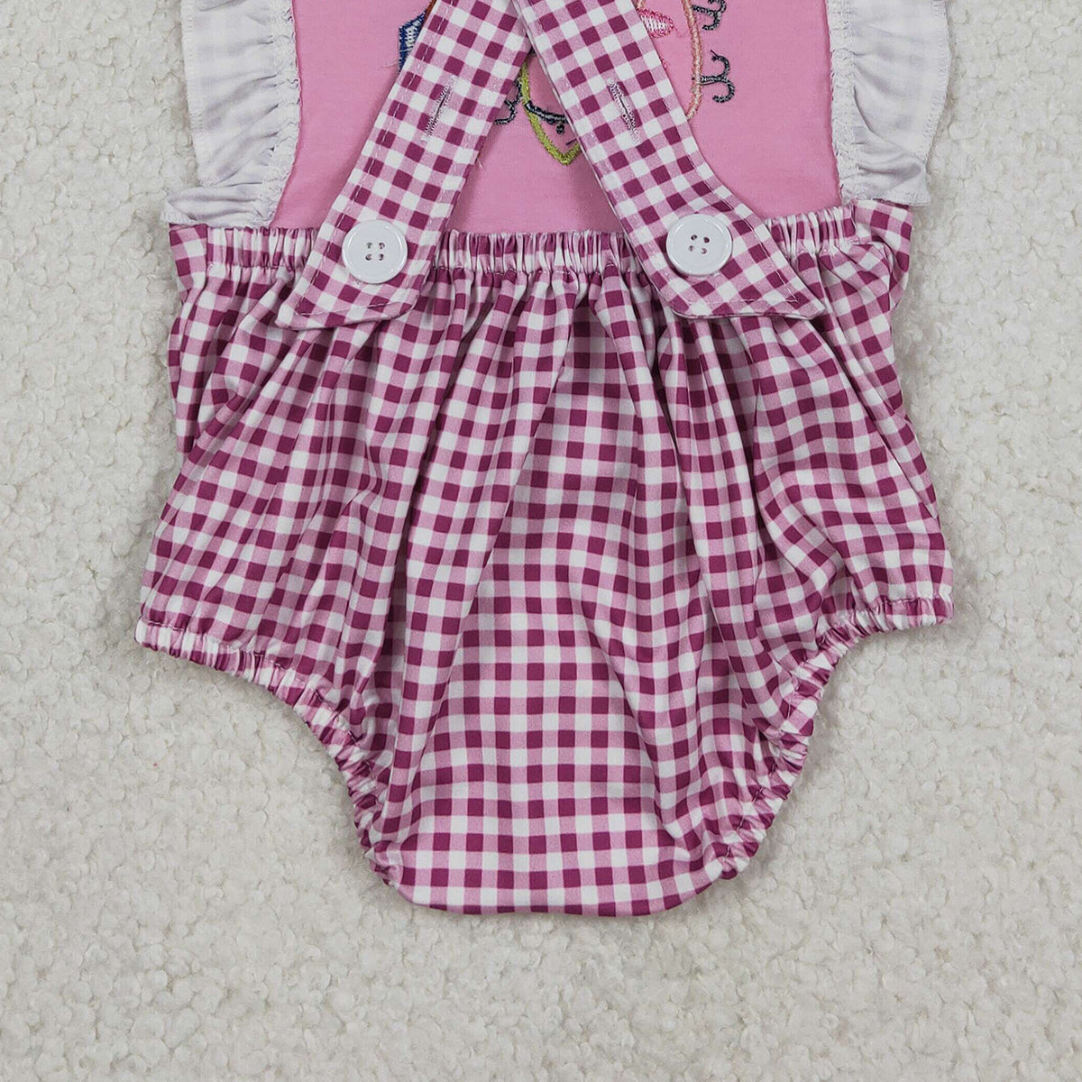 Baby Girls Pink Checked Ruffle Rompers Embroidery Fishing Strap Hunting Design Cute Baby Outfit for Girls
