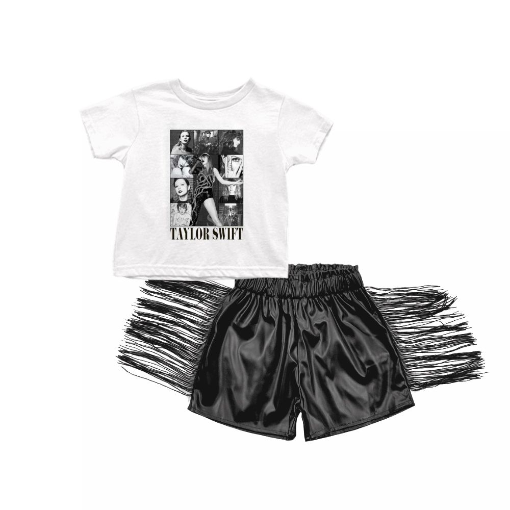 White short-sleeved black glossy leather fringed shorts set GT0530+SS0094
