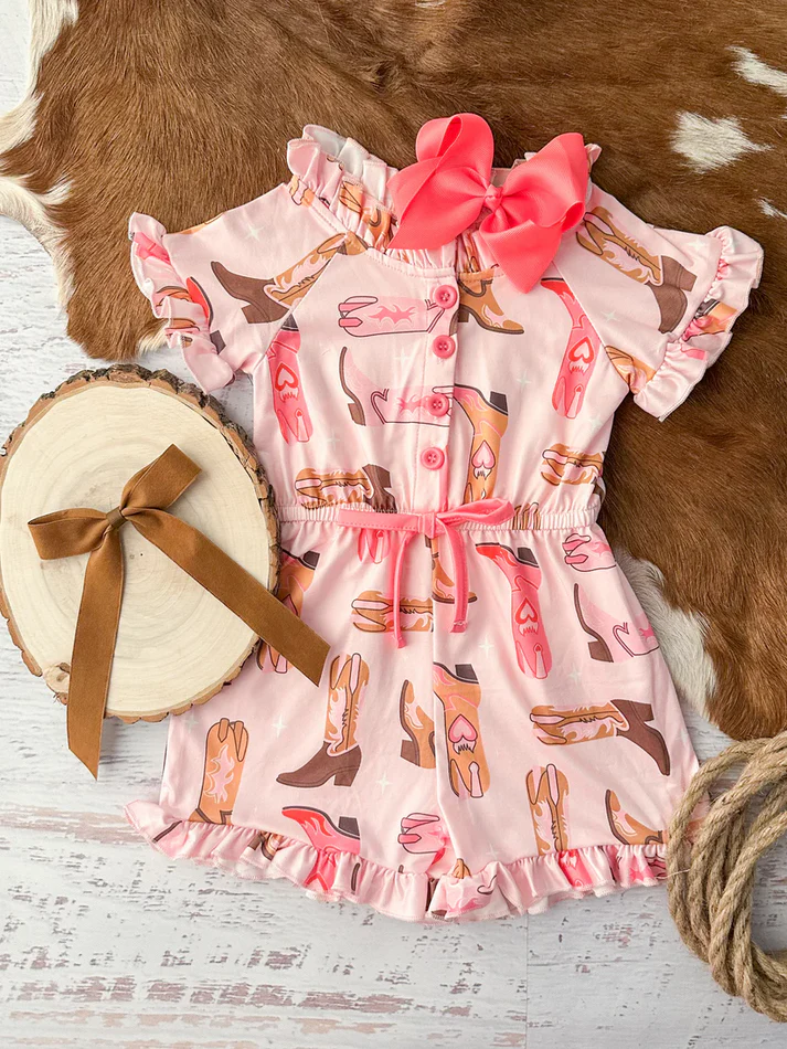Custom Boots Pink Western Print Girls Summer Jumpsuits D 4.10