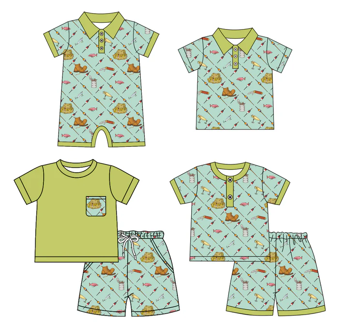 Match Fishing Green Print Boys Summer Western Matching Clothes Brothers Wear D 4.10