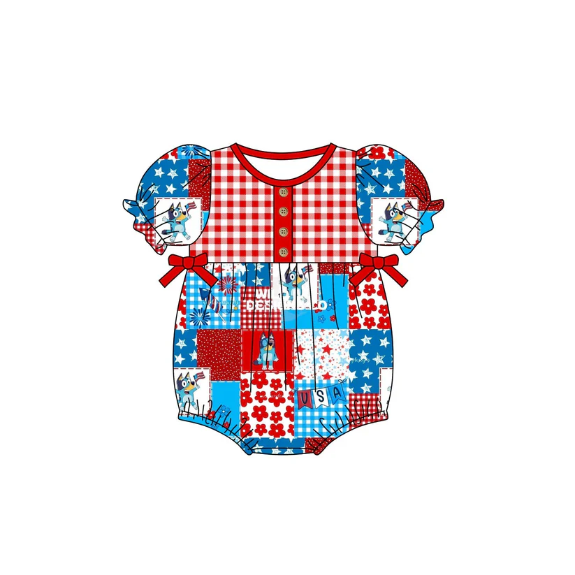 Custom Baby Girls July 4th Cartoon Dog Romper D 4.14