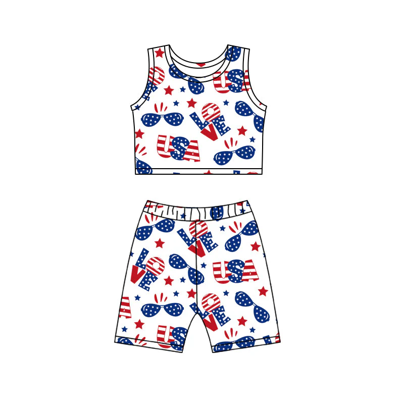 Custom Baby Girls July 4th Love USA Tank Top and Shorts Set D 4.14