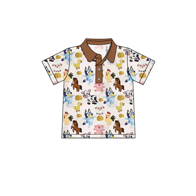 Custom Kids Boys Cartoon Blue Dog Farm Polo Shirt Top D 4.15