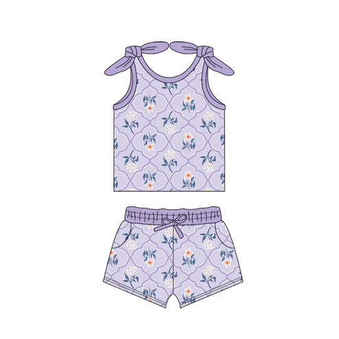 Custom Baby Girls Bows Sleeveless Lavender Flowers Top Pockets Short Set D 4.17