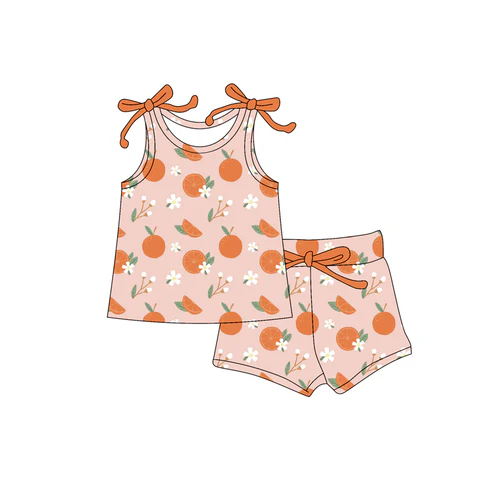 Custom Baby Girls Bows Sleeveless Oranges Flowers Top Short Set D 4.18