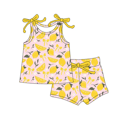 Custom Baby Girls Bows Sleeveless Bows Lemons Top Short Set D 4.18