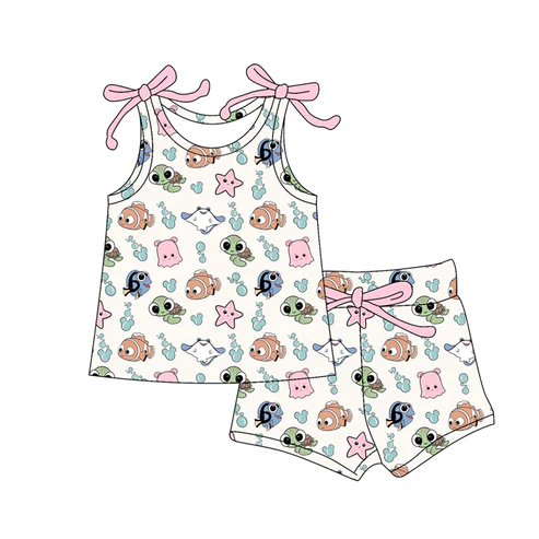 Custom Baby Girls Bows Sleeveless Cartoon Fishes Top Short Set D 4.18